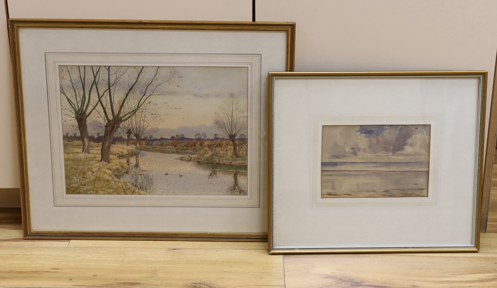 Patricia Prentice (1923-), watercolour, Coastal scene, signed, 15 x 22cm and Arthur Anderson Fraser, watercolour of ducks on a river, dated 1899, 28 x 39cm